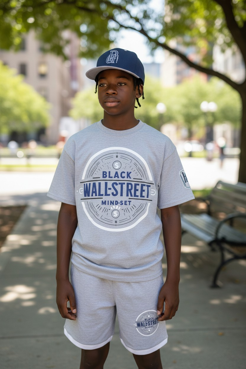 Black Wallstreet Mindset Short Set Gray/Blue/White